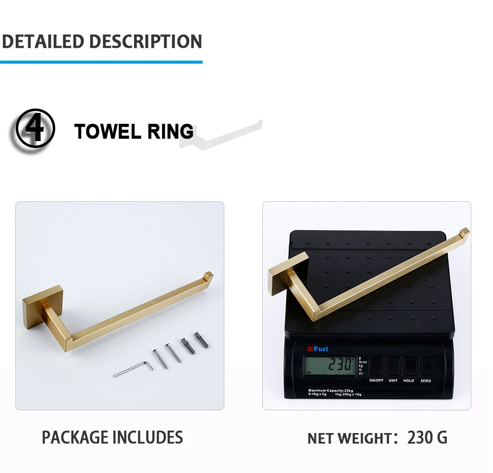 Conjunto de acessórios de banheiro dourado escovado, suporte de escova de vaso sanitário, suporte de papel higiênico, barra de toalha, cabide, gancho, saboneteira, hardware