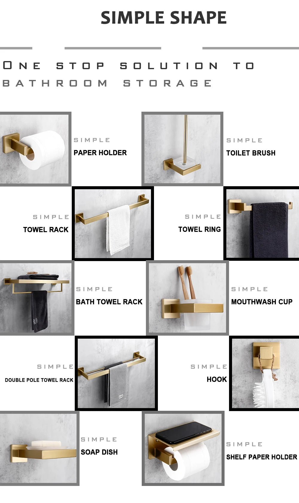 Conjunto de acessórios de banheiro dourado escovado, suporte de escova de vaso sanitário, suporte de papel higiênico, barra de toalha, cabide, gancho, saboneteira, hardware