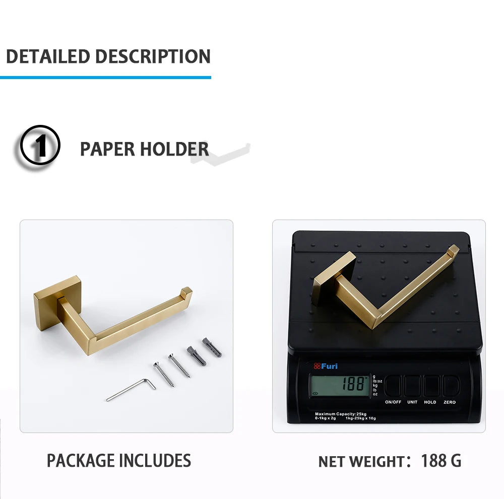 Conjunto de acessórios de banheiro dourado escovado, suporte de escova de vaso sanitário, suporte de papel higiênico, barra de toalha, cabide, gancho, saboneteira, hardware