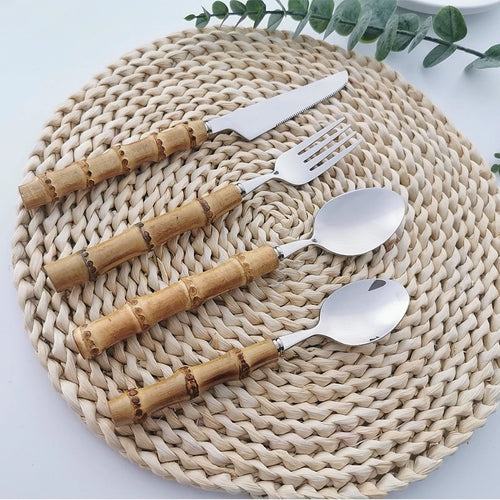Louça de Aço Inoxidável, Punho De Bambu, Colher De Garfo, Louça De Cozinha De Casa, Talheres De Natureza Original, 16 Pcs, 24 Pcs, 32Pcs