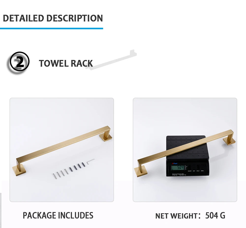 Conjunto de acessórios de banheiro dourado escovado, suporte de escova de vaso sanitário, suporte de papel higiênico, barra de toalha, cabide, gancho, saboneteira, hardware