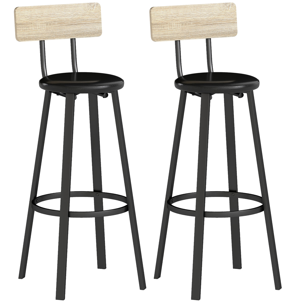 Conjunto Homcom com 2 Banquetas Altas de Cozinha com Encosto e Apoios para os Pés Estofados em PU, Assento de 75,5 cm