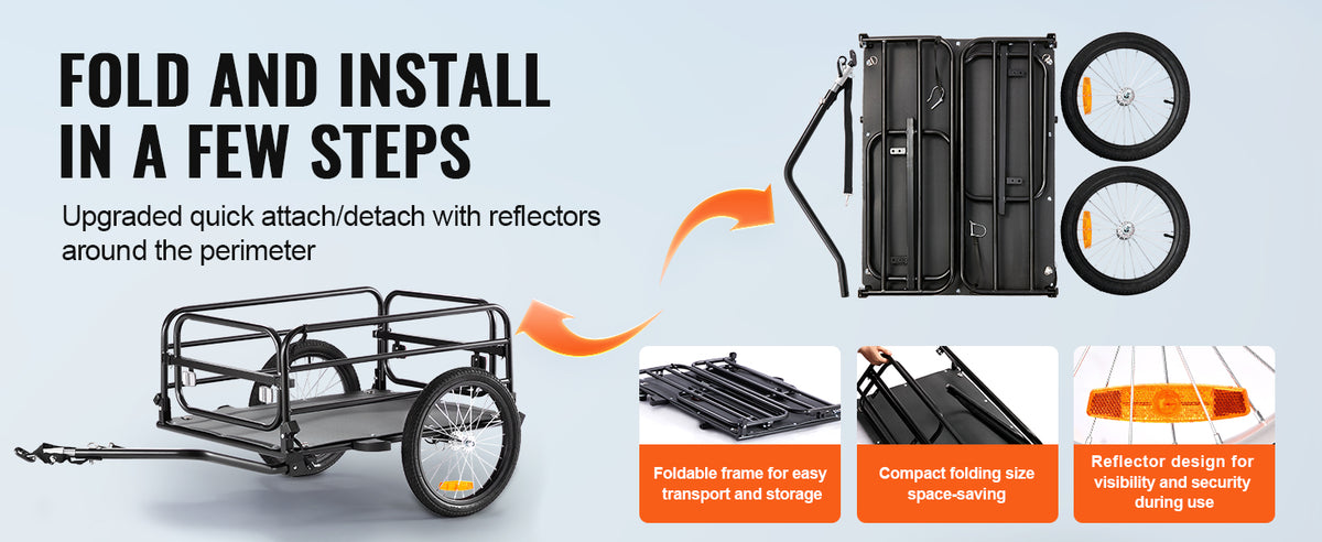 SucceBuy Carrinho de vagão dobrável para bicicleta, trailer de carga de bicicleta de 160 libras com engate universal, armazenamento compacto, adequado para rodas de bicicleta de 22 "-28"