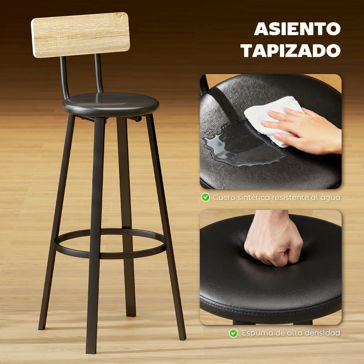 Conjunto Homcom com 2 Banquetas Altas de Cozinha com Encosto e Apoios para os Pés Estofados em PU, Assento de 75,5 cm