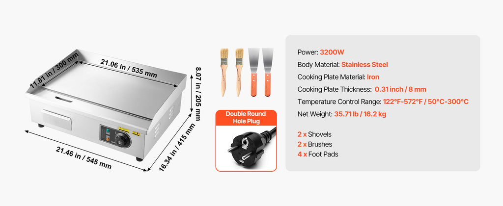 Chapa Elétrica Comercial SucceBuy 50-300 ° Controle de temperatura ajustável C, grelha superior plana de bancada de aço inoxidável para bife, panc