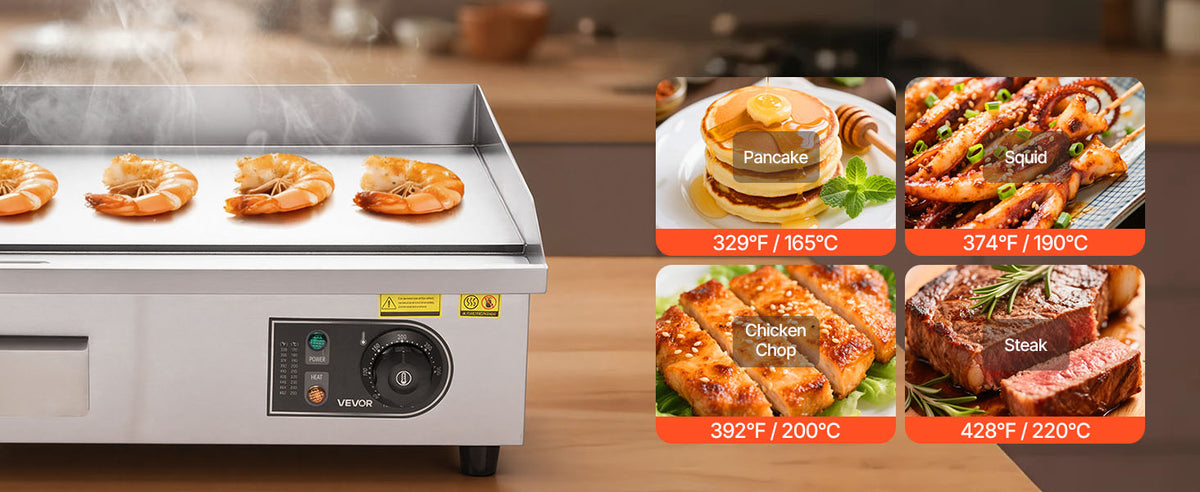 Chapa Elétrica Comercial SucceBuy 50-300 ° Controle de temperatura ajustável C, grelha superior plana de bancada de aço inoxidável para bife, panc