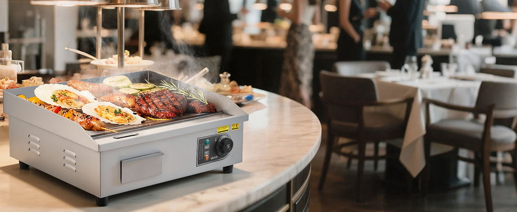 Chapa Elétrica Comercial SucceBuy 50-300 ° Controle de temperatura ajustável C, grelha superior plana de bancada de aço inoxidável para bife, panc