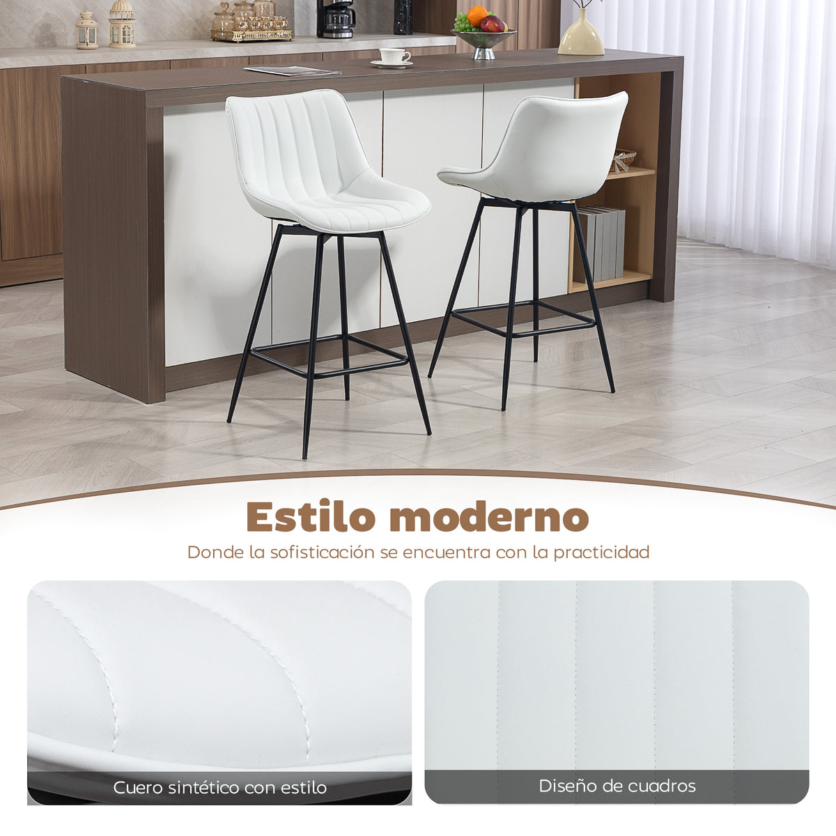 Conjunto Homcom com 2 Banquetas Giratórias, Banquetas Altas para Cozinha com Encosto Curvo e Apoio para os Pés, Estofadas em PU