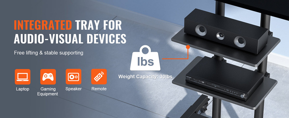 SucceBuy Suporte de TV móvel Suporte de TV com altura ajustável com rodas Bandeja dupla para dispositivos audiovisuais Suporte de TV rolante para quarto