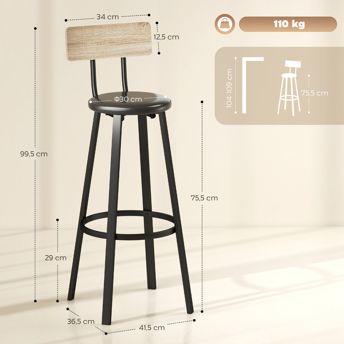 Conjunto Homcom com 2 Banquetas Altas de Cozinha com Encosto e Apoios para os Pés Estofados em PU, Assento de 75,5 cm