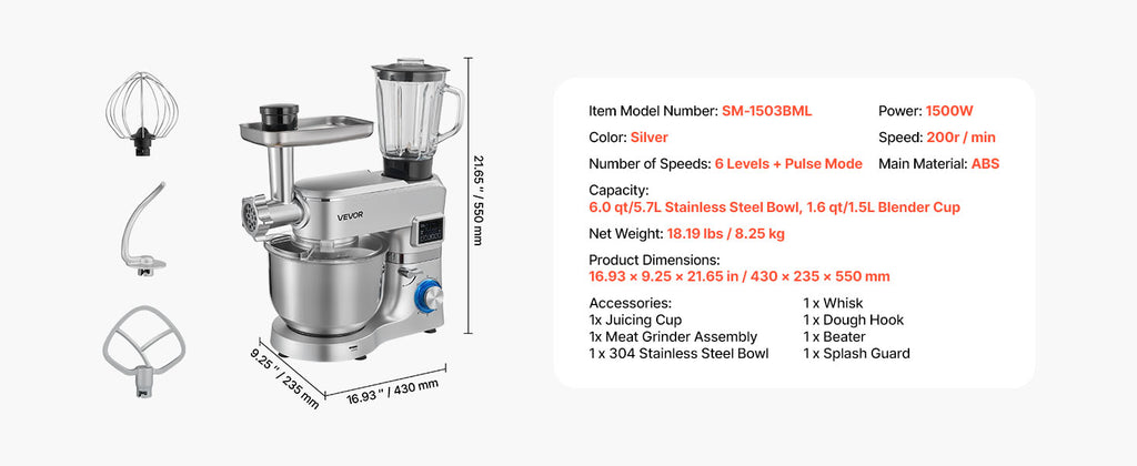 Batedeira Elétrica SucceBuy 5.7/6/7.8L, 1500W, Misturador de Massa, 6+ Velocidades, Batedeira com Cabeça Inclinável e Copo de Liquidificador de 1.5L