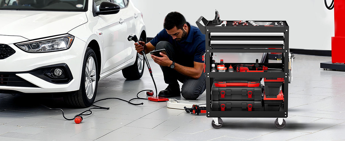 SucceBuy Baú de ferramentas de 5 camadas Carrinho de trabalho de ferramentas de rolamento de 2 gavetas com travamento e organizador de armazenamento de ferramentas de painel perfurado para armazém de garagem