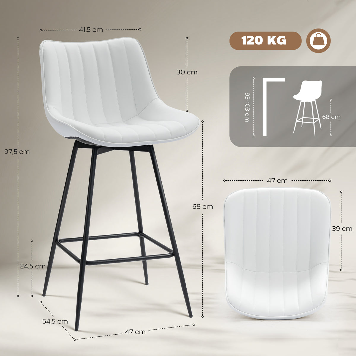 Conjunto Homcom com 2 Banquetas Giratórias, Banquetas Altas para Cozinha com Encosto Curvo e Apoio para os Pés, Estofadas em PU